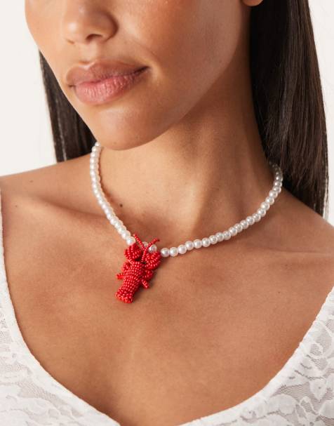 ASOS DESIGN faux pearl necklace with lobster pendant - view 1