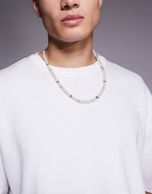 ASOS DESIGN ASOS DESIGN faux pearl necklace with rhinestone spacer beads-White