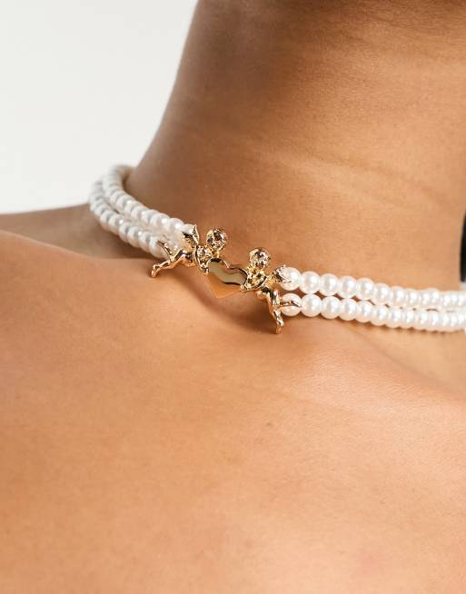 ASOS DESIGN faux pearl short necklace with cherub and heart design, 4 of 4