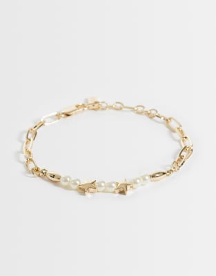 Asos Design Faux Pearl Star And Chain Bracelet In Gold