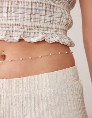 ASOS DESIGN faux-pearl station belly chain in gold tone
