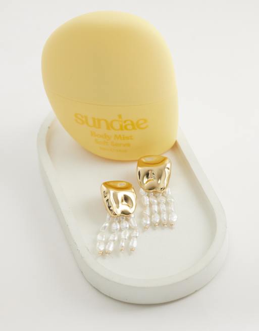 ASOS DESIGN faux pearl stud earrings with tassels in ivory, 2 of 4