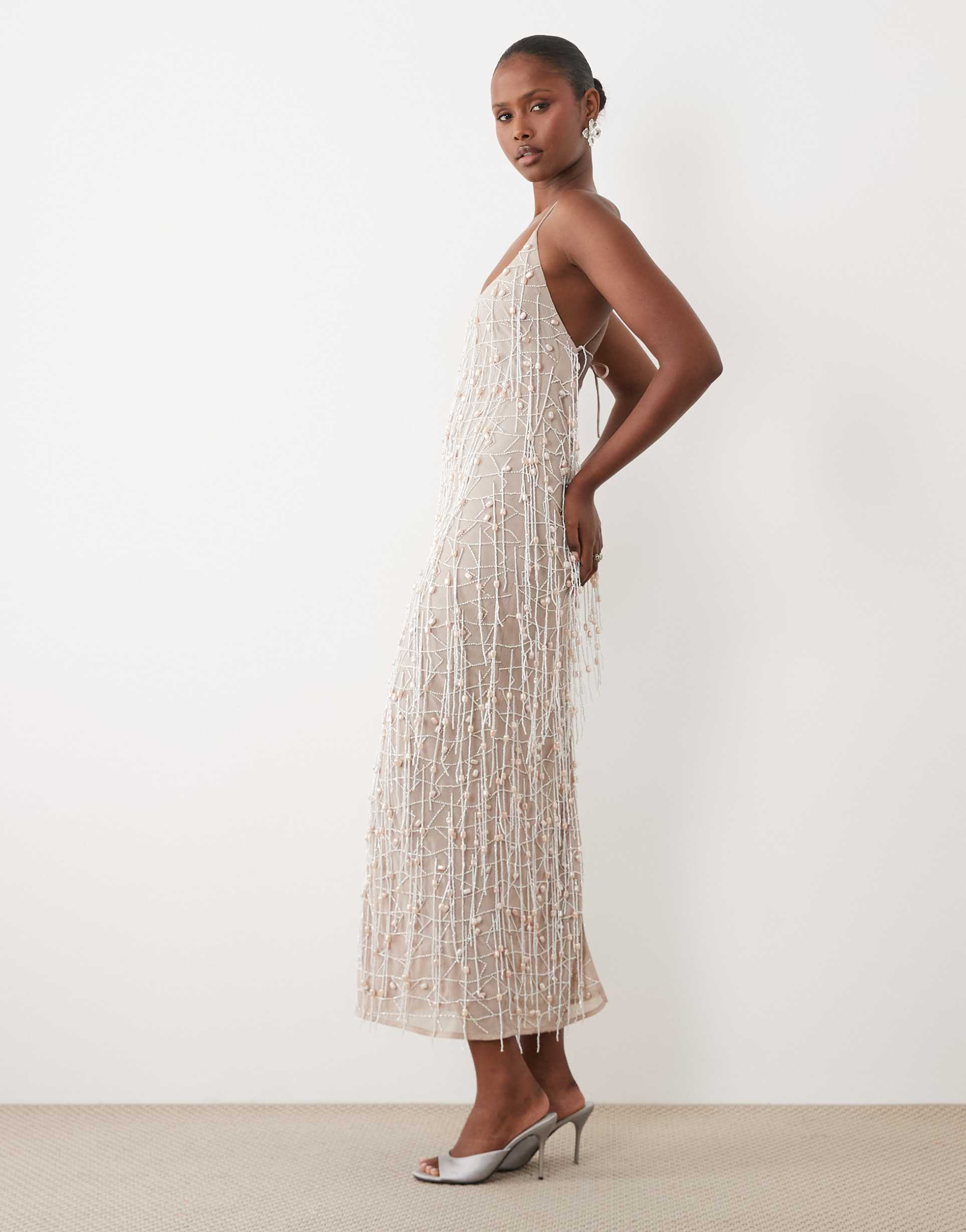 asos design faux-pearl tassel fringe midaxi dress in pale gray