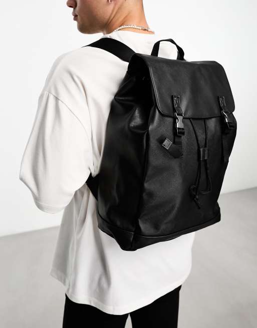 Black Faux Leather Backpack Men's Black