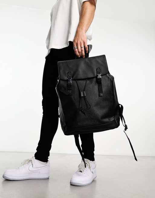 Black Faux Leather Backpack Men's Black