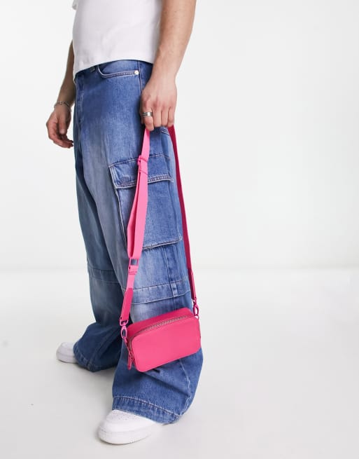 ASOS DESIGN faux saffiano leather crossbody camera bag in pink, 3 of 4