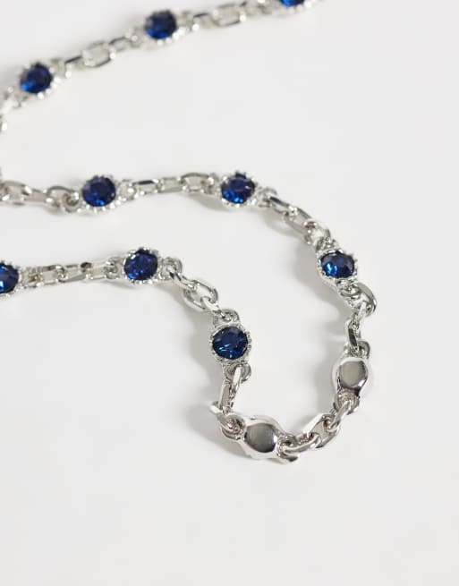 ASOS DESIGN faux sapphire stone chain necklace in silver, 4 of 4