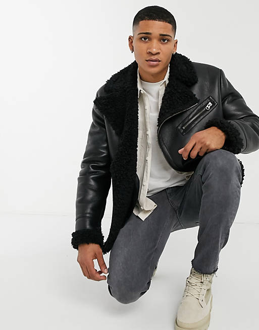Asos Men Clothing Jackets Leather Jackets Aviator jacket in faux shearling 