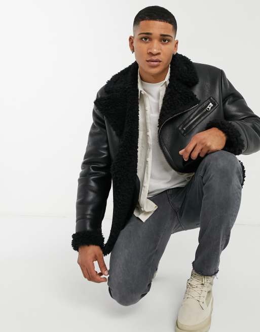 ASOS DESIGN faux shearling aviator jacket in black