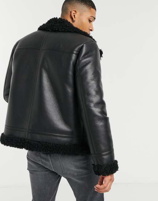 ASOS DESIGN faux shearling aviator jacket in black ASOS