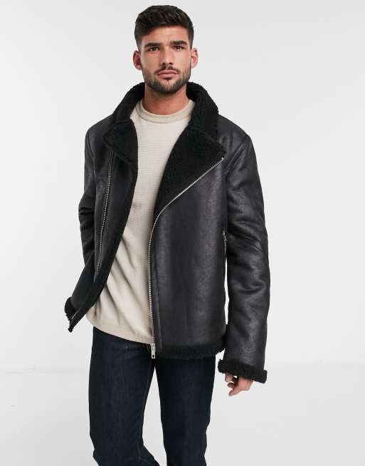 ASOS DESIGN faux shearling biker jacket with fleece lining in black ASOS