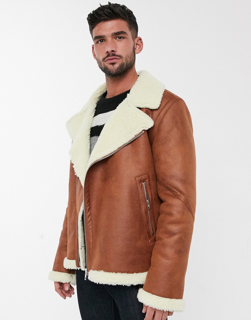 ASOS DESIGN faux shearling biker jacket with fleece lining in tan-Brown