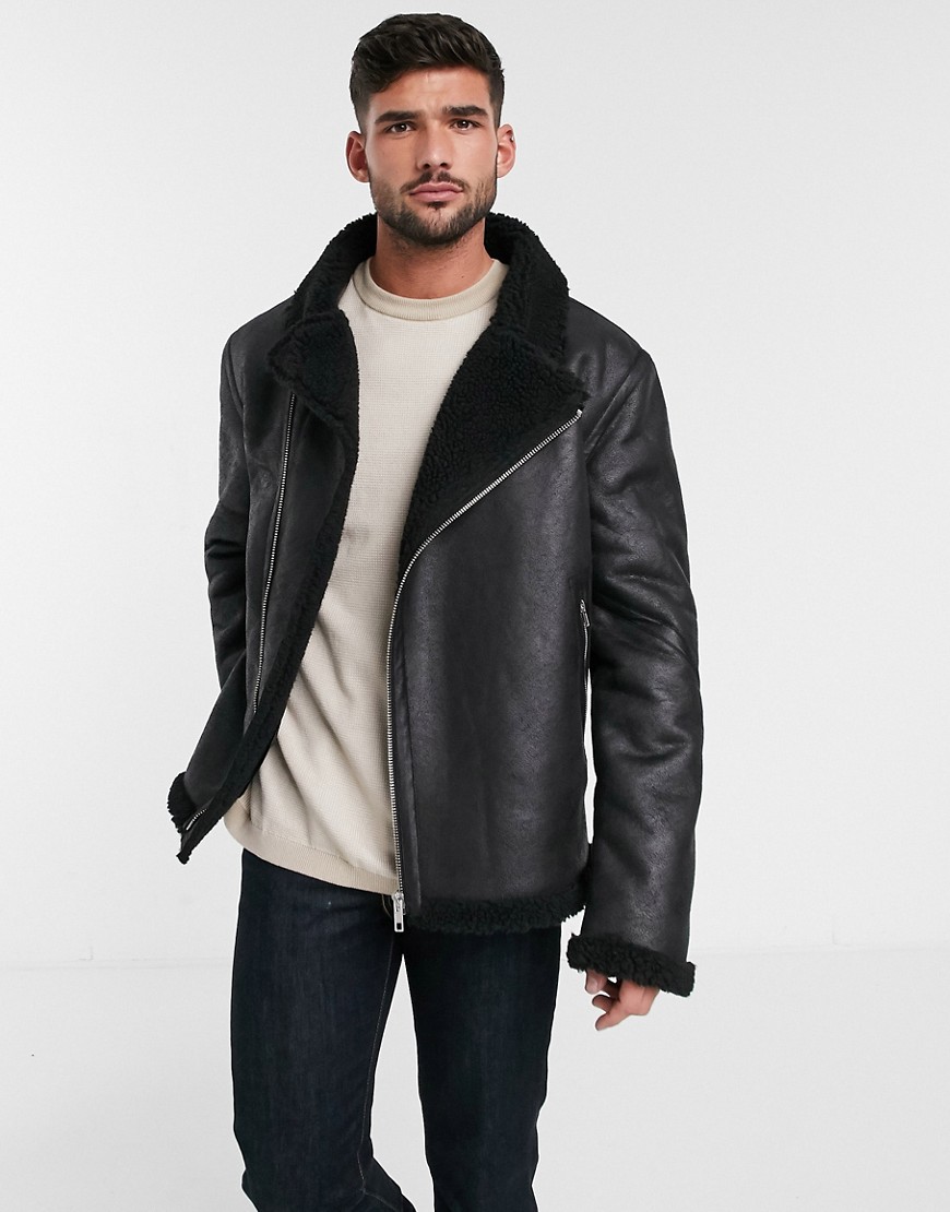 ASOS DESIGN faux shearling biker jacket with teddy lining in black