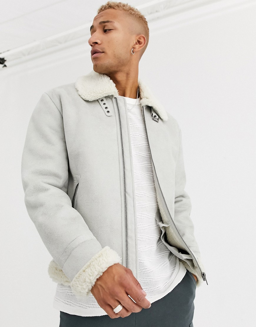 ASOS DESIGN faux shearling flight jacket with teddy lining in stone