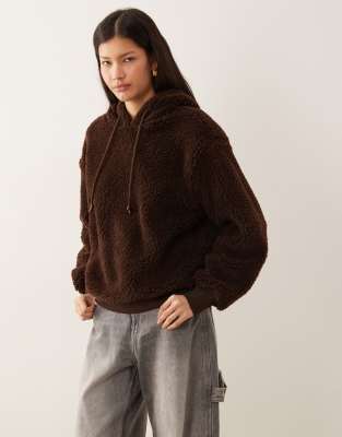 Asos Design Faux Shearling Heavyweight Oversized Hoodie In Brown