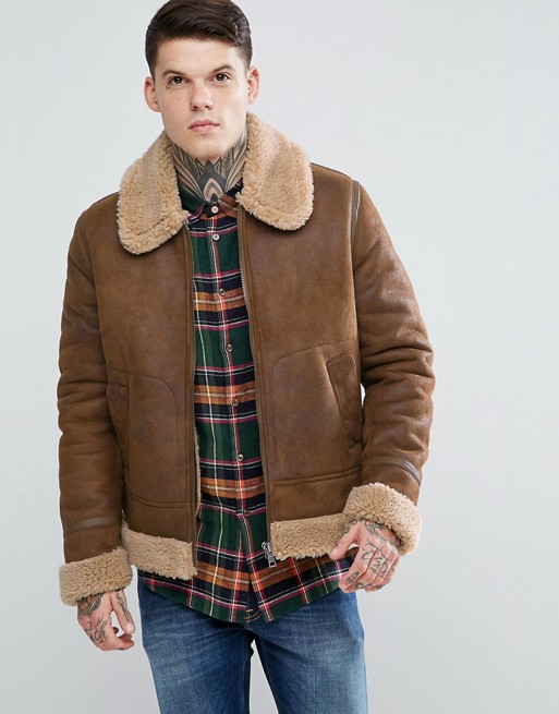 ASOS DESIGN faux shearling jacket in tan | ASOS