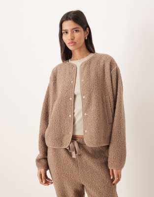 Asos Design Faux Shearling Lounge Jacket In Brown