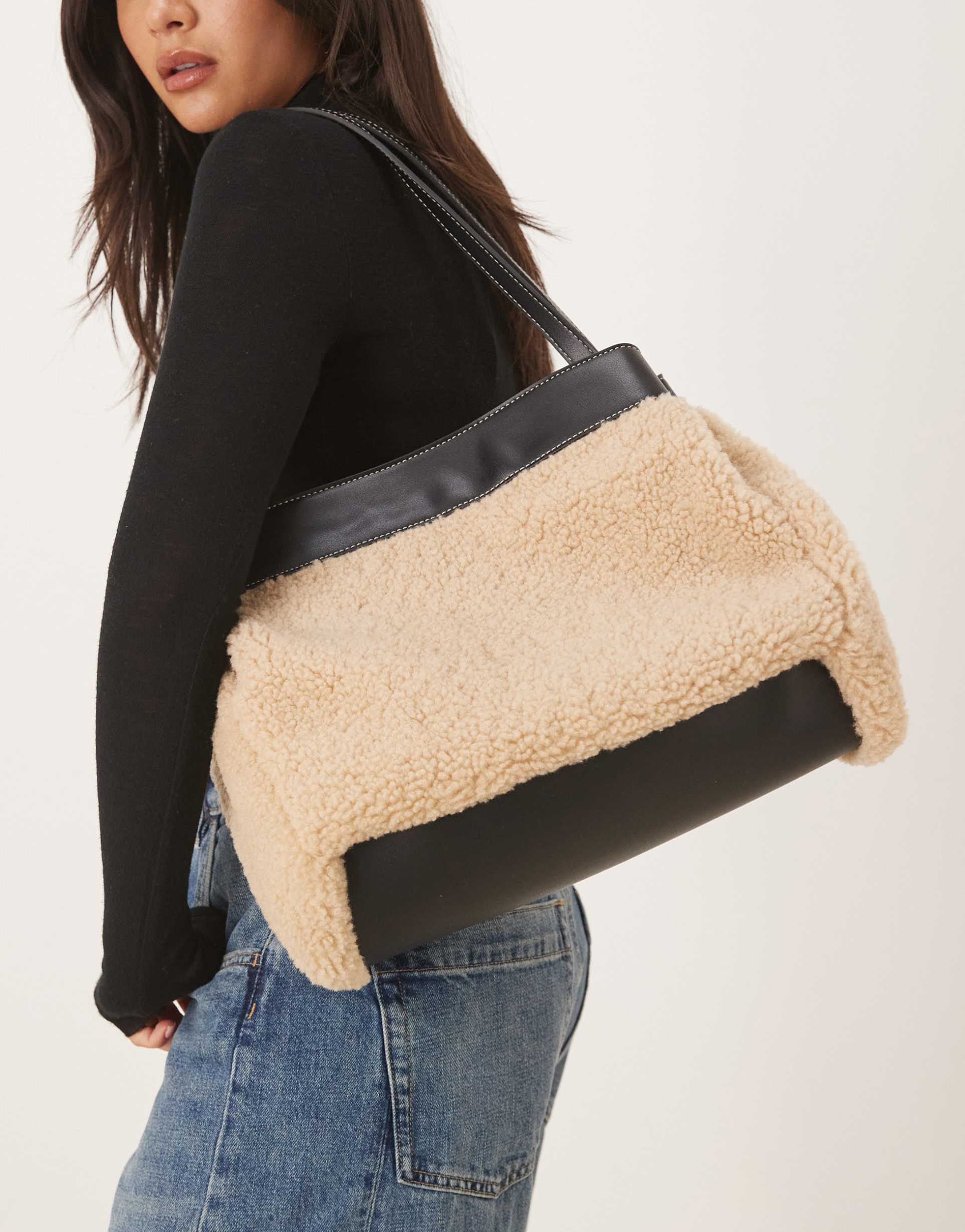 asos design faux shearling tote with contrast panel in oatmeal