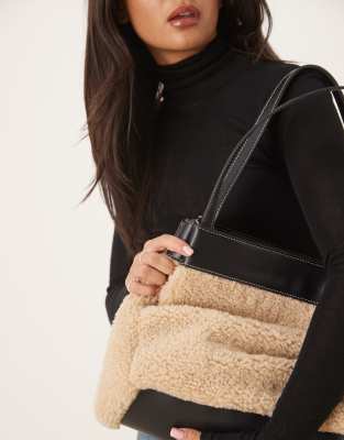 Asos Design Faux Shearling Tote With Contrast Panel In Neutral