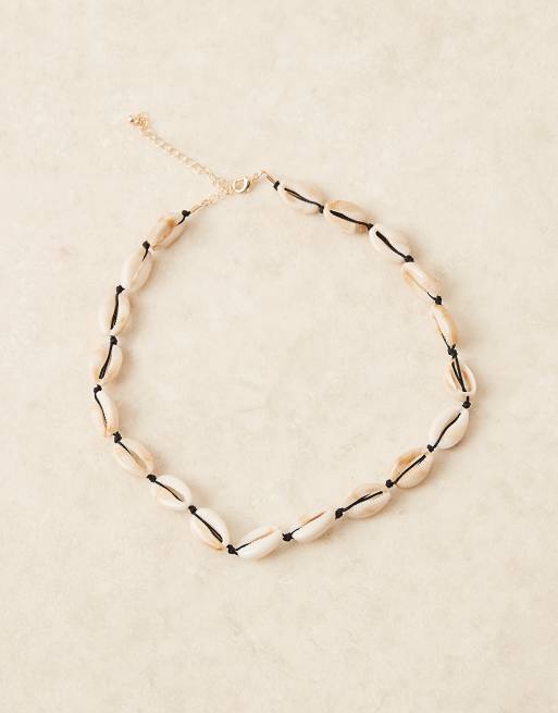 ASOS DESIGN faux shell and cord necklace in cream, 2 of 3
