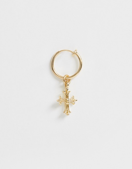 ASOS DESIGN faux single hoop cross earring in gold tone