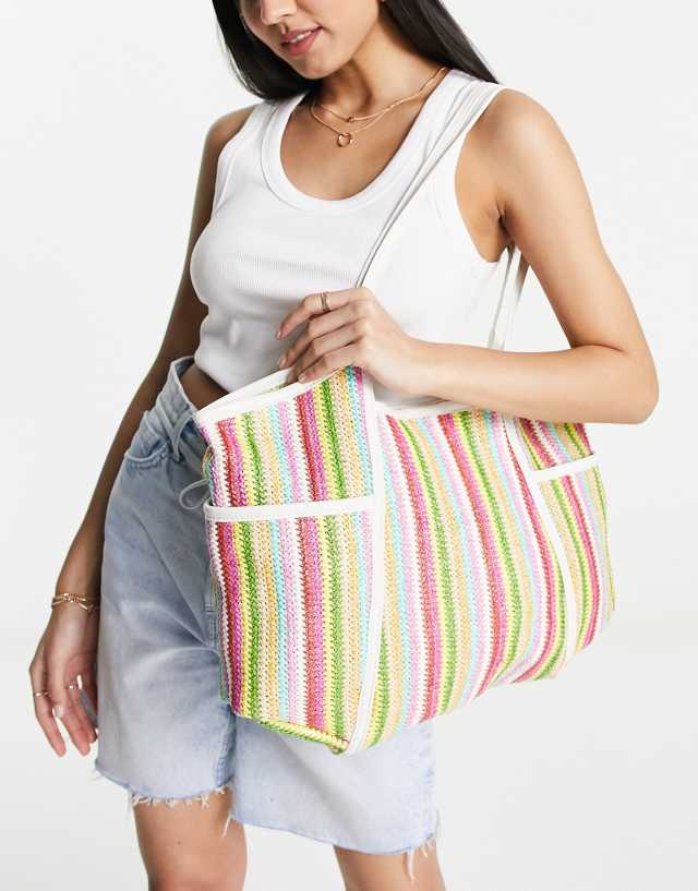 ASOS DESIGN faux straw tote in multi colored stripe