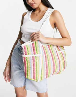 ASOS DESIGN faux straw tote bag in multi coloured stripe