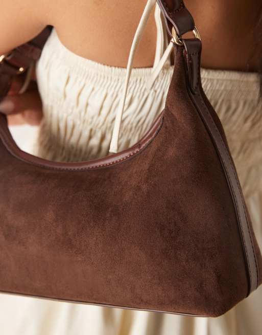 ASOS DESIGN faux suede 90s shoulder bag in chocolate, 3 of 4