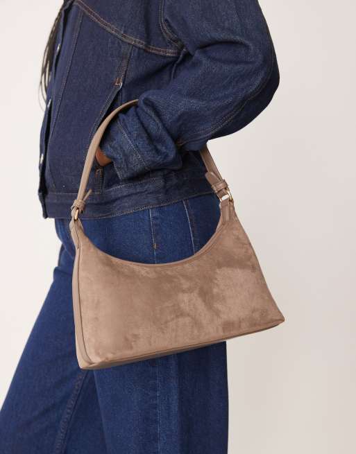 ASOS DESIGN faux suede 90s shoulder bag in dark mauve