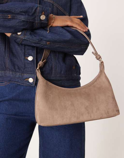 ASOS DESIGN faux suede 90s shoulder bag in dark mauve