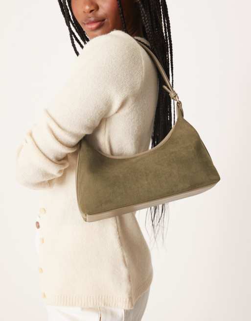 ASOS DESIGN faux suede 90s shoulder bag in mid green
