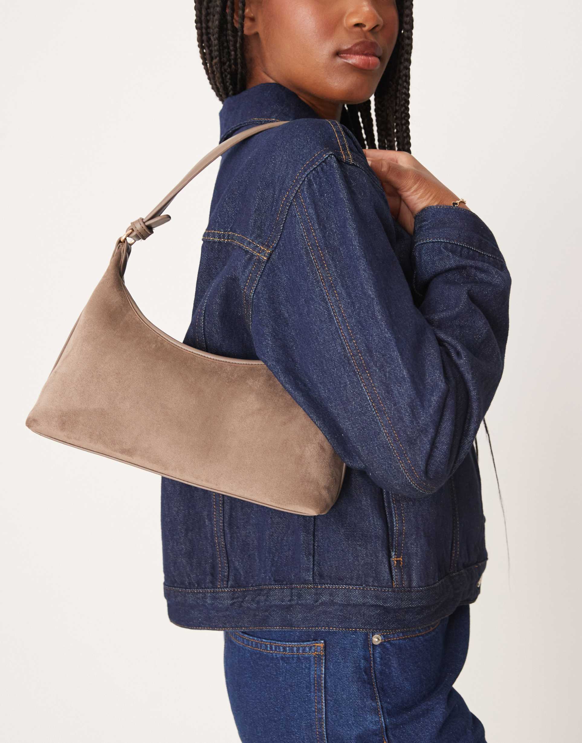 asos design faux suede 90s shoulder bag in mocha