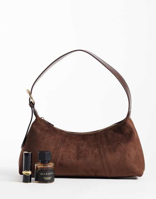 ASOS DESIGN faux suede 90s shoulder bag with buckle detail in chocolate, 2 of 4