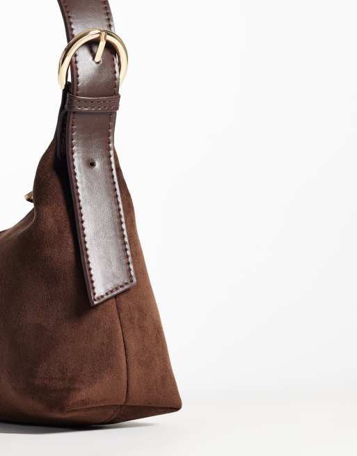 ASOS DESIGN faux suede 90s shoulder bag with buckle detail in chocolate, 3 of 4