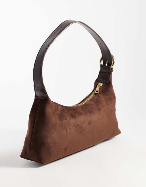 ASOS DESIGN faux suede 90s shoulder bag with buckle detail in chocolate, 4 of 4