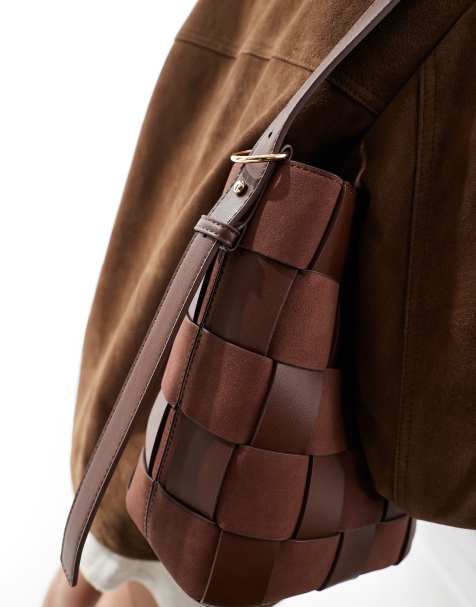 ASOS DESIGN faux suede and faux leather weave bucket tote bag in chocolate - view 1