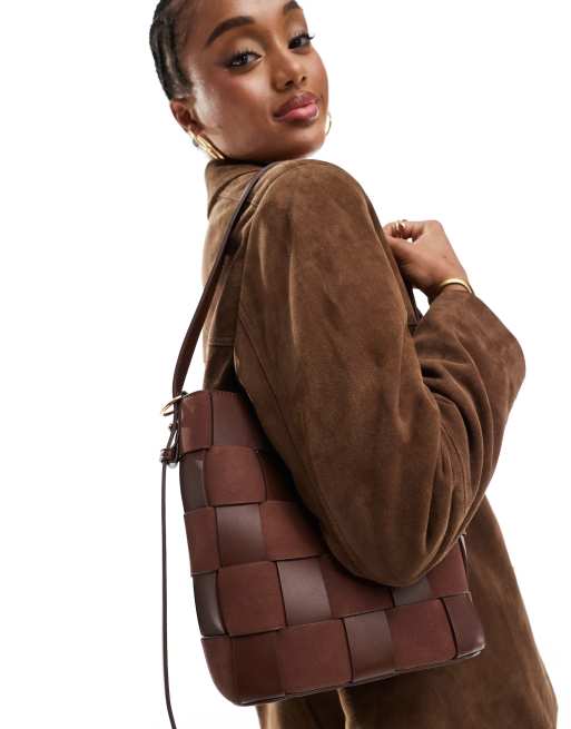 ASOS DESIGN faux suede and faux leather weave bucket tote bag in