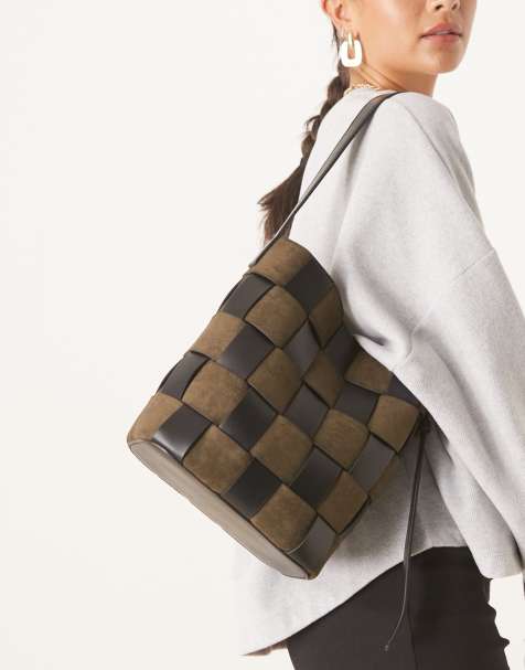 ASOS DESIGN faux suede and faux leather weave bucket tote bag in khaki - view 1