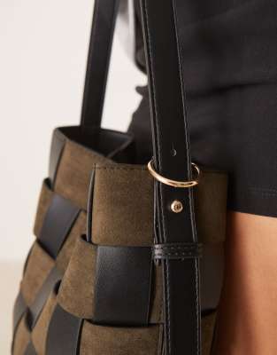 Asos Design Faux Suede And Faux Leather Weave Bucket Tote Bag In Green