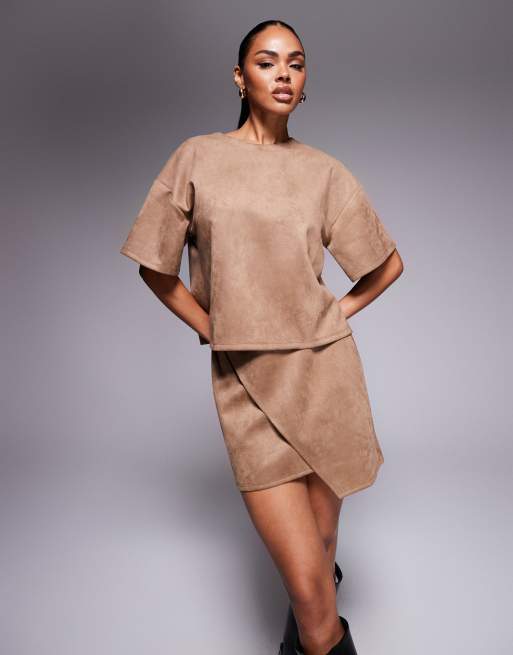 ASOS DESIGN faux suede asymmetric mini skirt in tobacco - part of a set