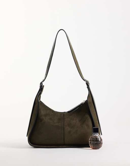 ASOS DESIGN faux suede belted strap shoulder bag in khaki, 2 of 4