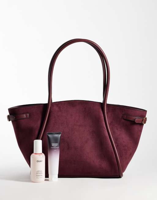 ASOS DESIGN faux suede belted tote bag in burgundy, 2 of 4