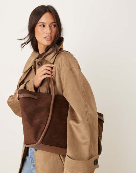 ASOS DESIGN faux suede belted tote bag in chocolate - view 1