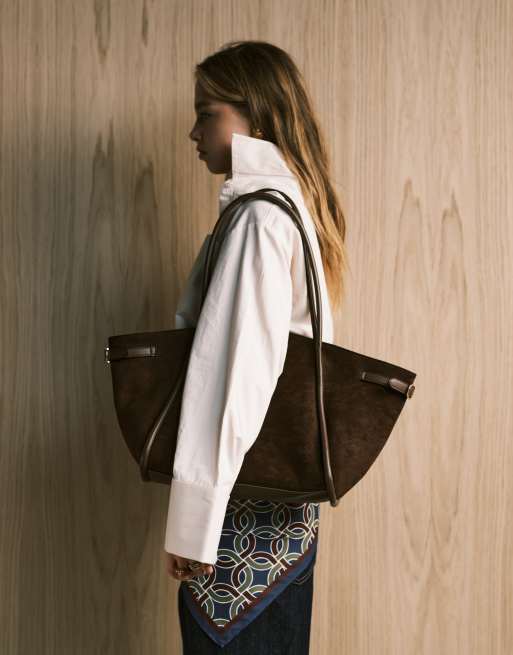 ASOS DESIGN faux suede belted tote bag in chocolate