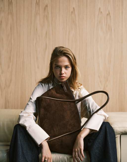ASOS DESIGN faux suede belted tote bag in chocolate