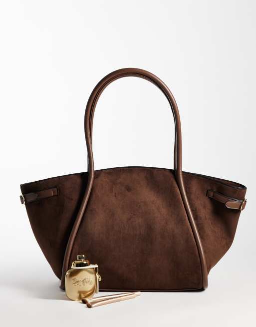 ASOS DESIGN faux suede belted tote bag in chocolate, 2 of 4