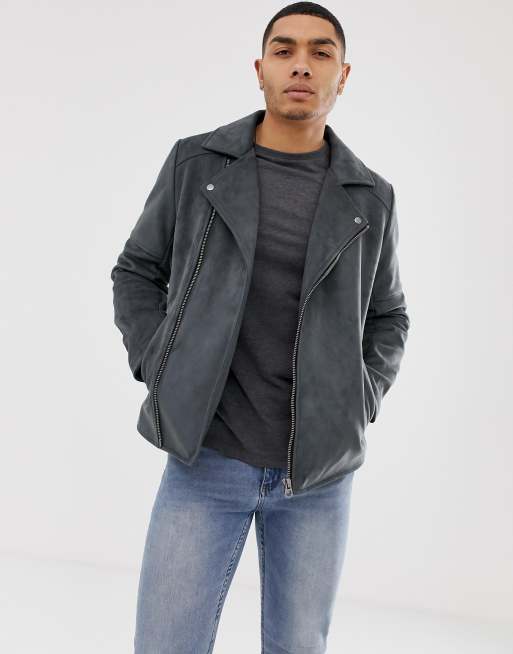 Grey biker hot sale jacket suede