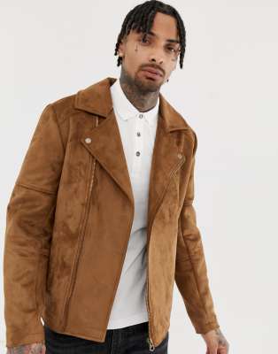 asos design faux suede biker jacket in tan