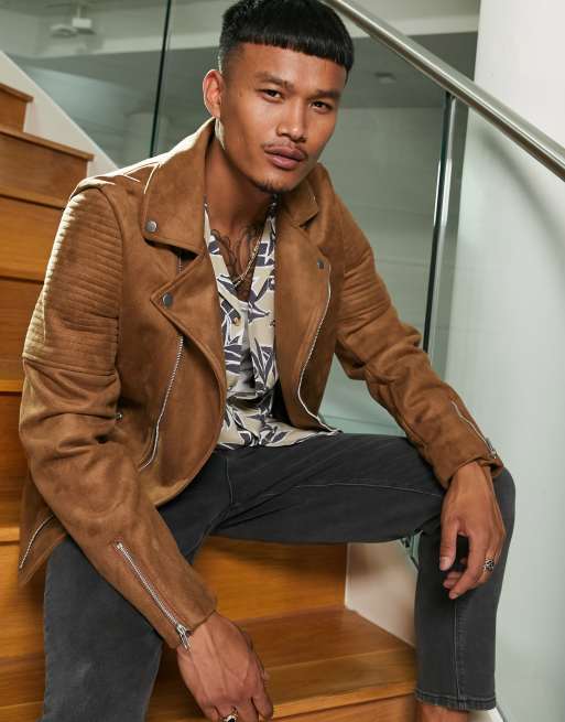 ASOS DESIGN faux suede biker jacket in tan