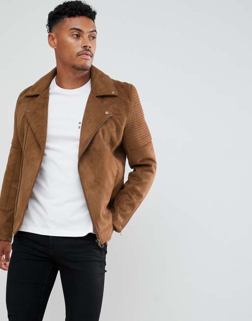 Faux Suede Biker Jacket In Tan